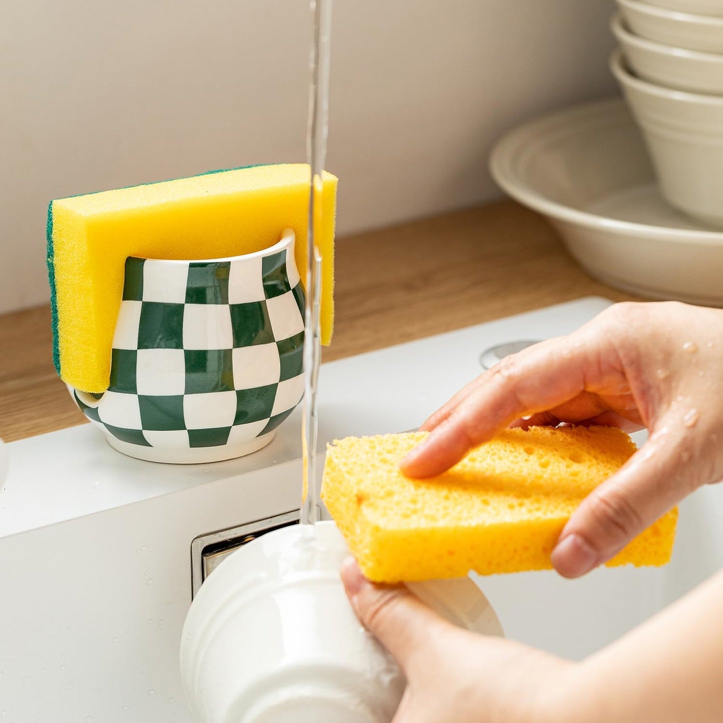 Kitchen Sponge Holder, Ceramic Sponge Organizer Checkered Scrubby Holder Sink Caddy Scrub Dish Rack for Kitchen, Bathroom, Sink, Christmas Decor, Green and White
