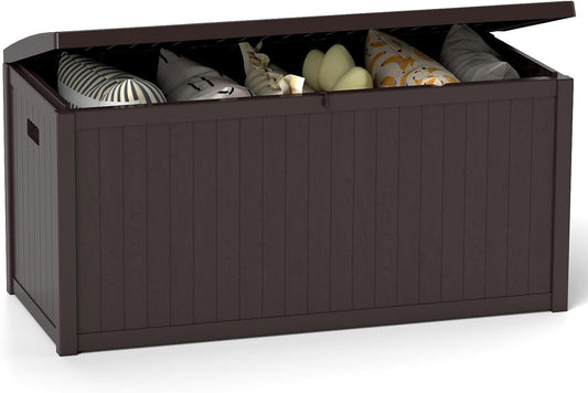 ZYJOYY Outdoor Storage Box, 120 Gallon Deck Box Indoor and Outdoor Use, Waterproof Resin Storage Bin for Patio Cushions, Gardening Tools, Lockable, UV Resistant, Brown
