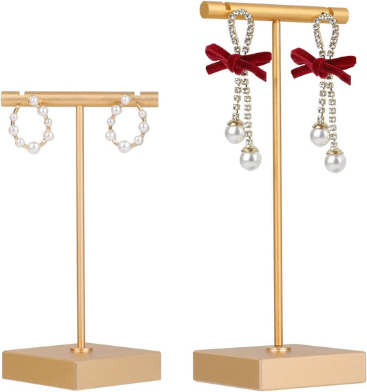 GemeShou 2pcs metal earring holder, Gold T bar earring display stand, mini hangers for earrings Jewelry Photography, earring storage organizer【Gold-Square Base 2pcs Height 4.3 and 5.1 inch】
