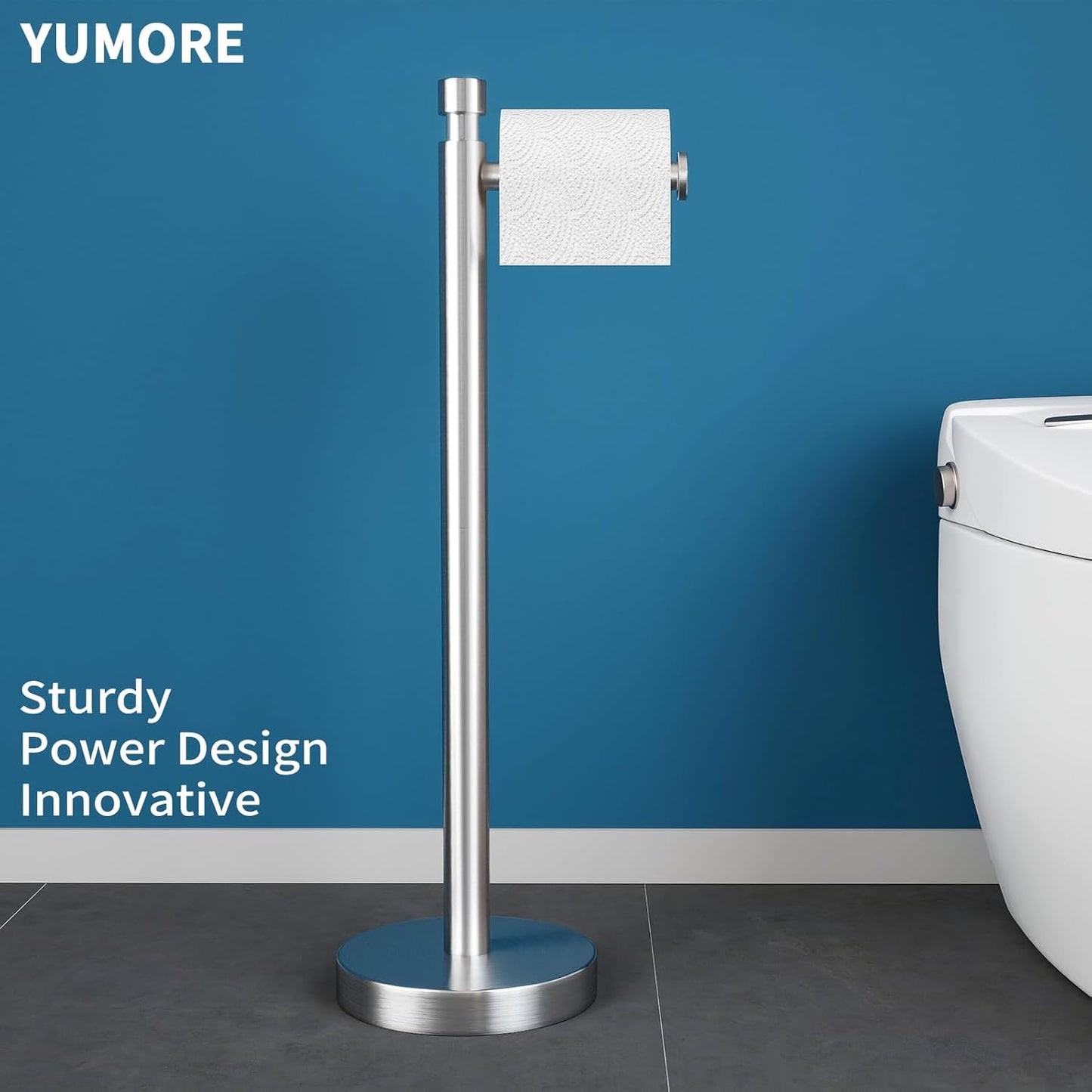 YUMORE Toilet Paper Holder Stand Freestanding, Weighted and Sturdy Brushed Nickel Stainless Steel Design with Non-Slip Cap, Rustproof Tissue Roll Holder for Modern Bathroom, RV