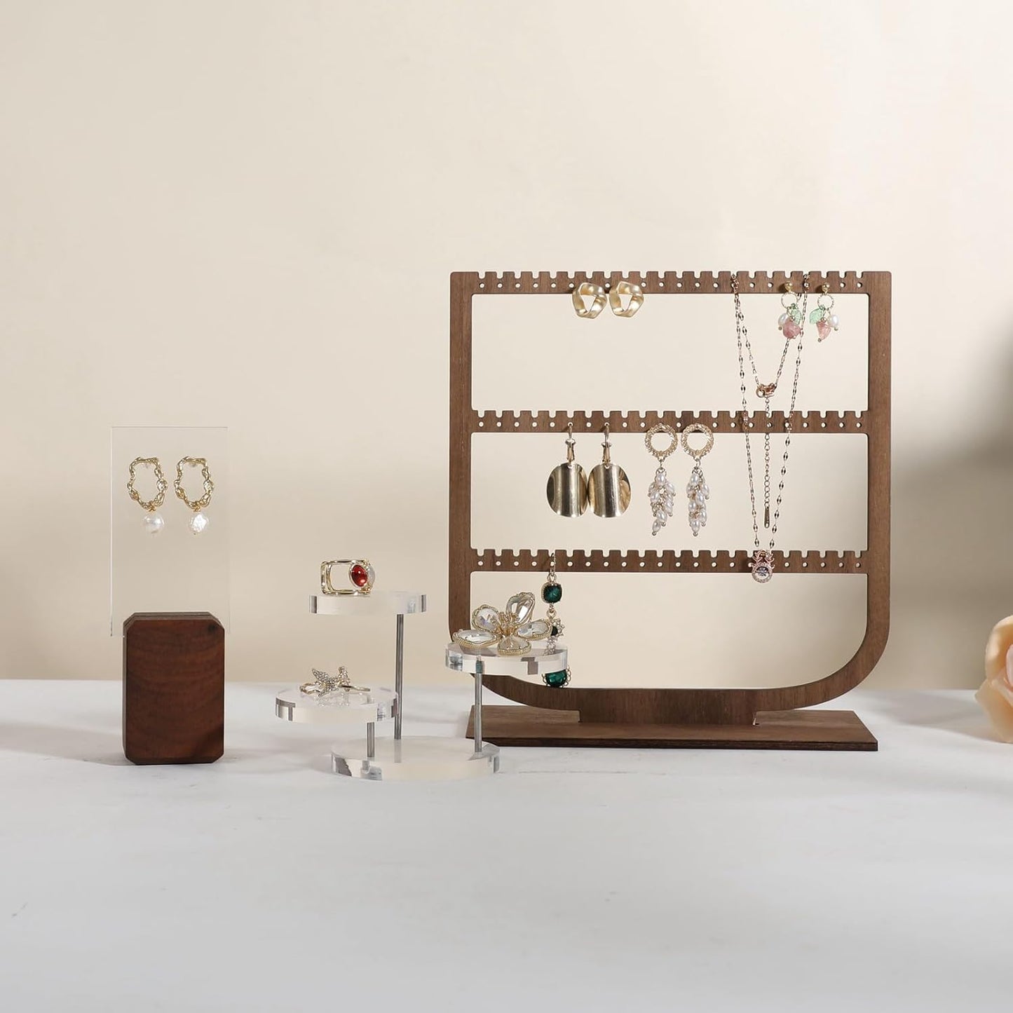 GemeShou wooden hanging jewelry organizer, walnut jewelry display holder for selling, dangle necklace storage shelf, 3 tier earring display stands for selling【Jewelry shelf-3 tier】