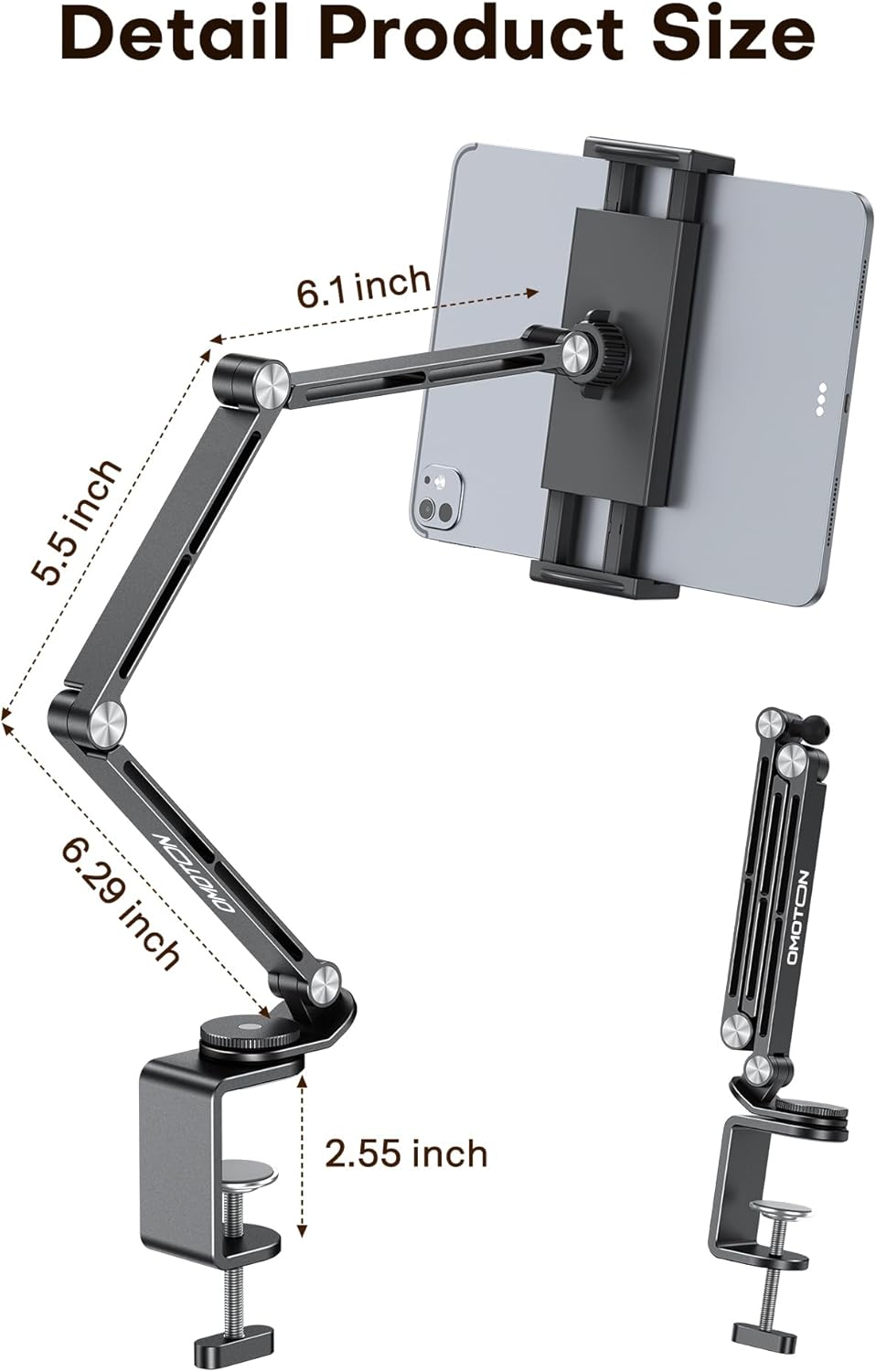 OMOTON Adjustable Tablet Stand for iPad, Desk Phone Holder for Bed with 2 Clamps, Flexible Aluminum Alloy Mount with 360° Rotation for 4-13" Devices (Black)
