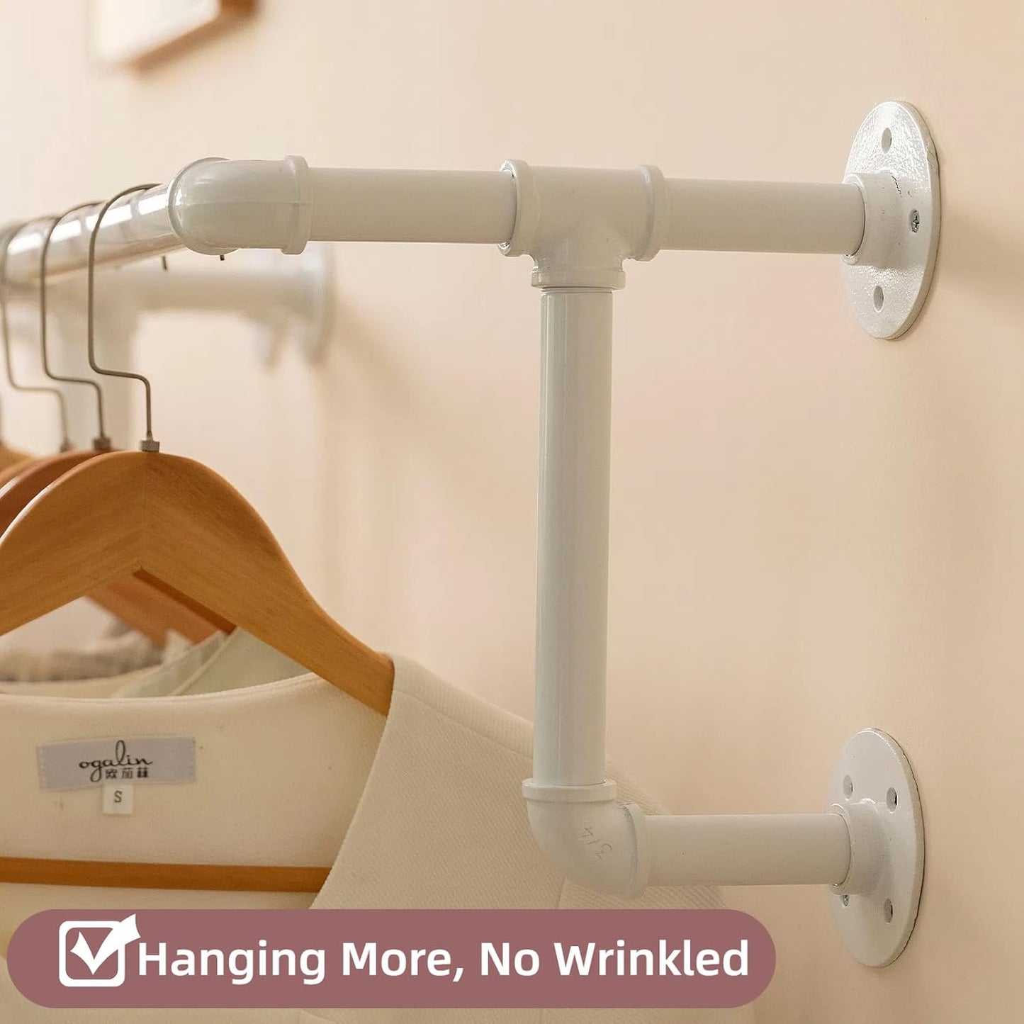 Clothes Racks, Industrial Pipe Clothing Racks for Hanging Clothes, Wall Mounted Heavy Duty Space Saving Garment Racks, Multi-Purpose Clothing Hanging Rods for Closet Storage, White, 2Pcs