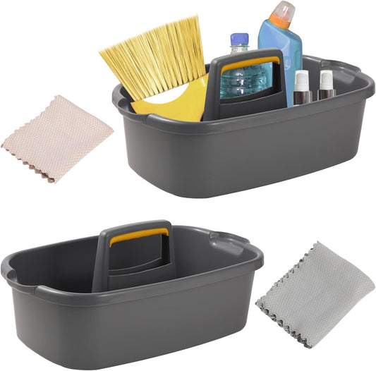 Cleaning Supplies Caddy Organizer with Handle Plastic Tool Storage Basket for bathroom, Kitchen, Under Sink,2 Pack with 2Pack Microfiber Cleaning Cloths,Gray