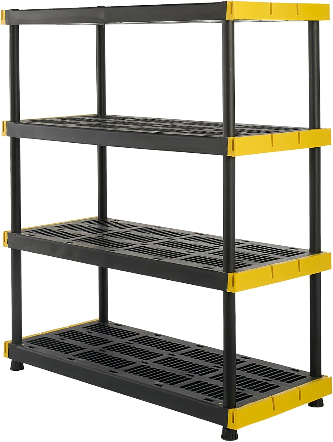 Black & Yellow, 4-Tier Heavy Duty Plastic Storage Shelving Unit, 200lbs/shelf (55H x 48W x 20D), for Indoor/Outdoor Organization, Modular Rack