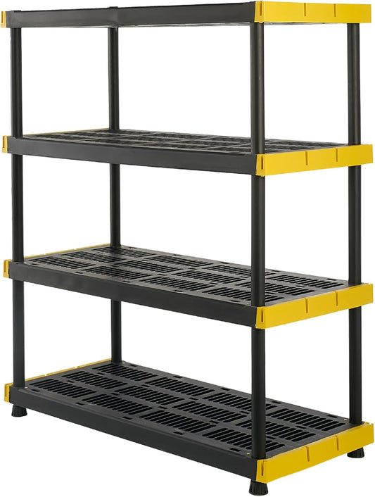 Black & Yellow, 4-Tier Heavy Duty Plastic Storage Shelving Unit, 200lbs/shelf (55H x 48W x 20D), for Indoor/Outdoor Organization, Modular Rack