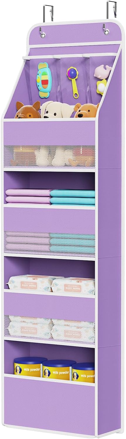 Univivi 5-Shelf Fabric Door Storage Over Door Hanging Organizer with 4 Large Pockets and 3 Small PVC Pockets Nursery Closet Cabinet Wall Mount Hanging Storage Organizers for Baby Nursery (Purple)
