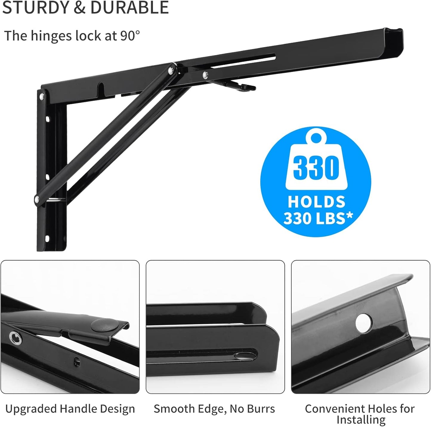 YUMORE Folding Shelf Brackets, 22 Inch Heavy Duty L Bracket, Black DIY Collapsible Shelf Bracket for Workbench Folding Table Hinge, Max Load: 330lb, Pack of 2