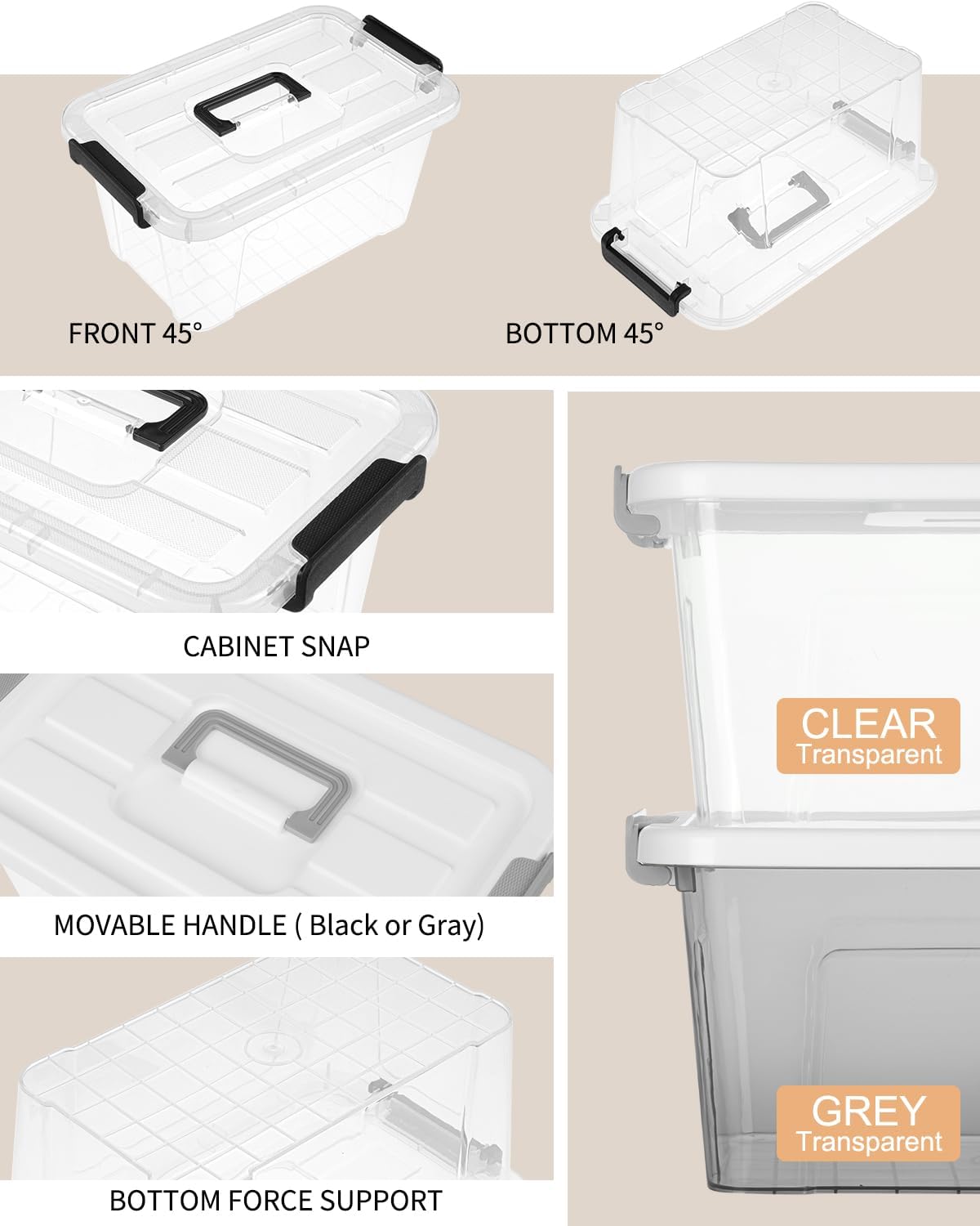 6 Pack Plastic Storage Bins with Lids 7 Quart Stackable Clear Storage Bins with Buckle Lids and Handle easy for Home Office Pantry Organization, Grey