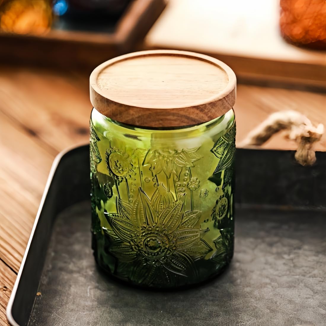 Set of 2 Vintage Glass Jars, Green Glass Storage Jars with Lids (23.7 oz) for Kitchen, Pantry, Candy, Flour, Oatmeal, Coffee Beans, Pet Food, Laundry Detergent, Cute Jar (Green&Blue 2, 23.7 Ounces)