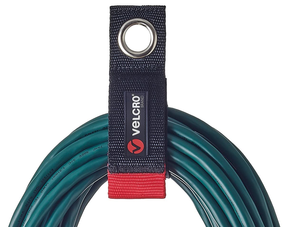 Velcro Brand Extension Cord Organizer Holder. Heavy Duty Straps for Garage Organization and Storage. Rust Resistant Grommet Hangs Easily on Wall 2pk,Small 10-inch,60bs Weight Rating,Black