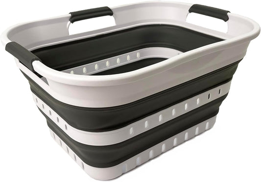 SAMMART Collapsible Plastic Rectangular Laundry Basket - Foldable Pop Up Storage Container/Organizer - Portable Laundry Hamper - Space Saving (White/Steel Grey, 19L)