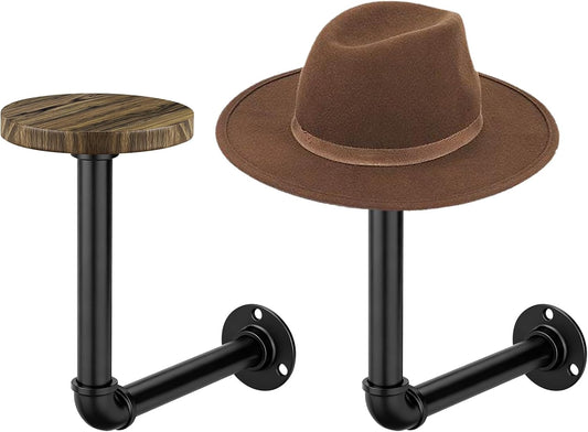 2PCS Cowboy Hat Rack Wall Mount, Wooden Western Rustic Metal Hanger, Wall Mounted Helmet Hanger for Multifunctional Display Hanger Stand for Cap Wig Hats, Fedora, Sun Hats