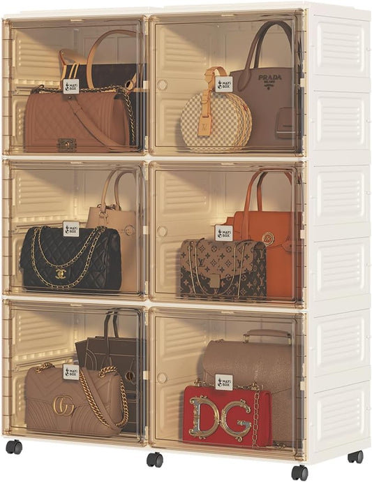 6 Cubbies Handbag Storage Organizer for Closet, Purse Organizer Cabinet with Magnetic Doors & Wheels, Foldable One-Piece Transparent Storage Box for Bags, Boots, Clothes, Toys, Books