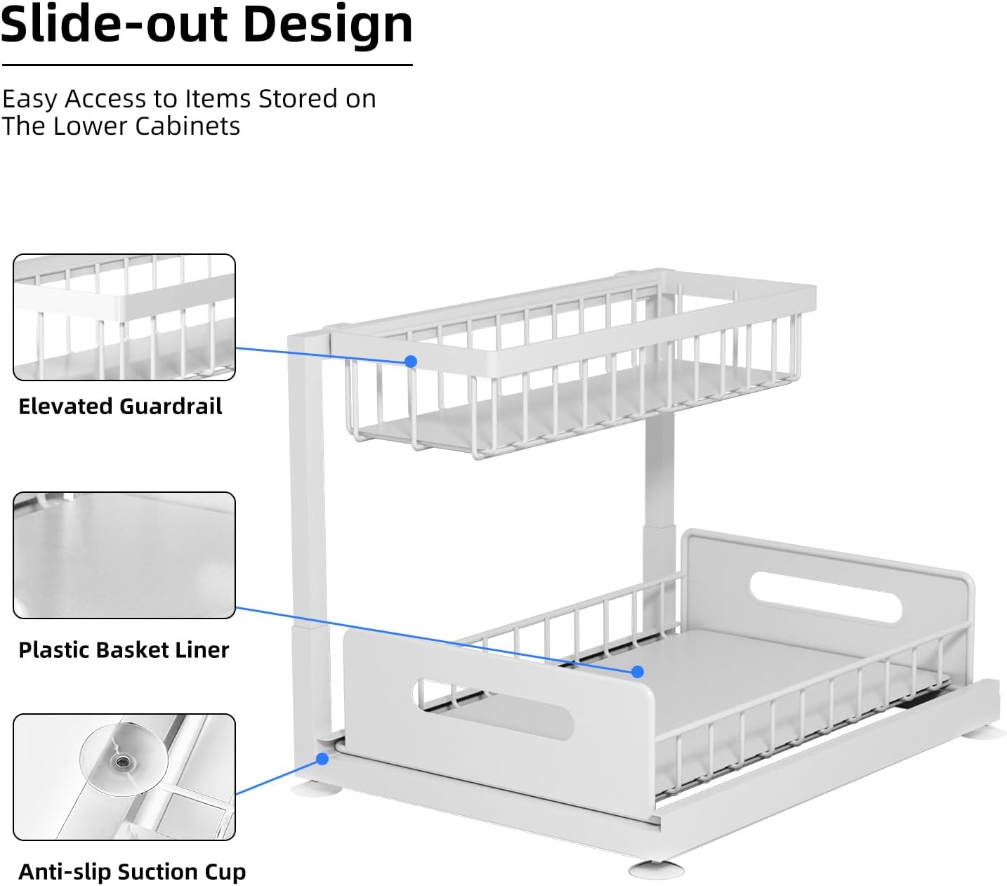 2-Tier Under Sink Slide Out Organizer, Pull Out Cabinet Storage Shelf with Sliding Wire Basket Drawer for Bathroom Kitchen, Countertop or Pantry Shelf, White