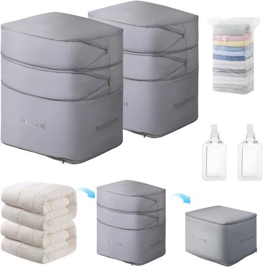 Comforter Storage Bag-Ultra Space Saving Large Self Compression Organizer for Comforters and Blanket,3-Layer Zipper Self-Compressing Organizer for Storage Bedding. (Gray, 2 Pack)