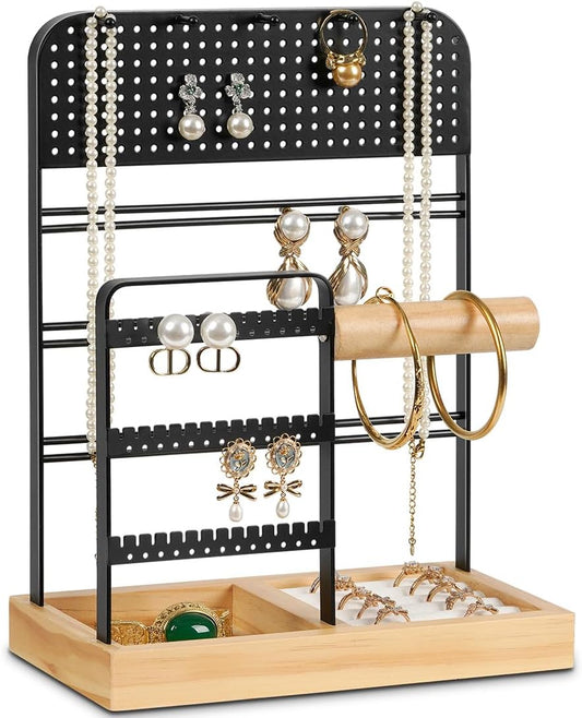 QILICHZ 5-Tier Jewelry Holder,Jewelry Organizer Stand with Tray,Wood Earring Holder Organizer,Jewellery Display for Vendors for Stud,Earring, Necklace,Bracelet, Rings,Room Decor, Black