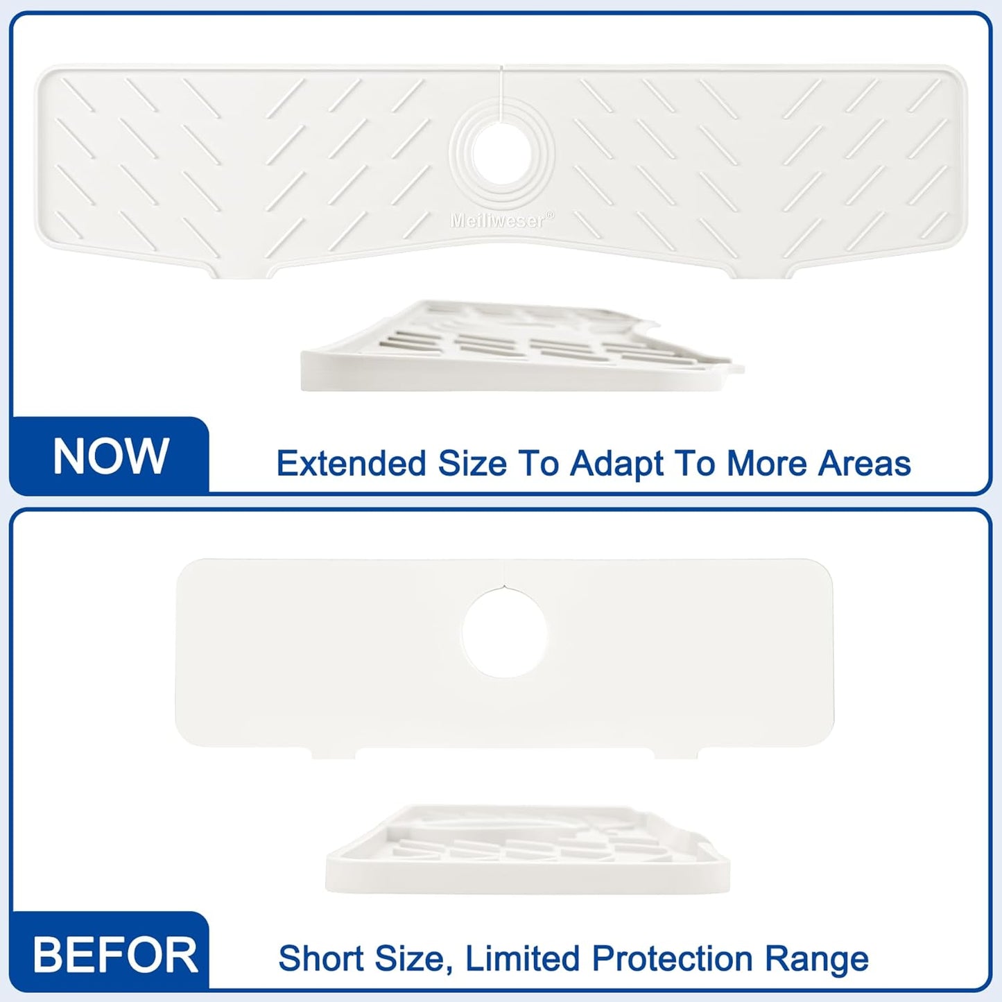 Meiliweser Faucet Mat for Kitchen Sink – 24” x 5.1” Extra-Long Silicone Splash Guard with 10° Slope & Upgraded Drainage – Gen 3 Sink Water Catcher & Sponge Holder for Kitchen, Bathroom (White)