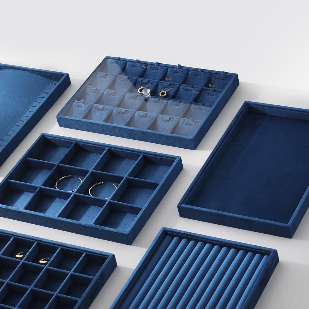 Velvet Stackable Jewelry Display Tray, 24 Grid Earring Ring Storage Tray, Drawer Divider Jewelry Accessories Organizer Plate (Blue)
