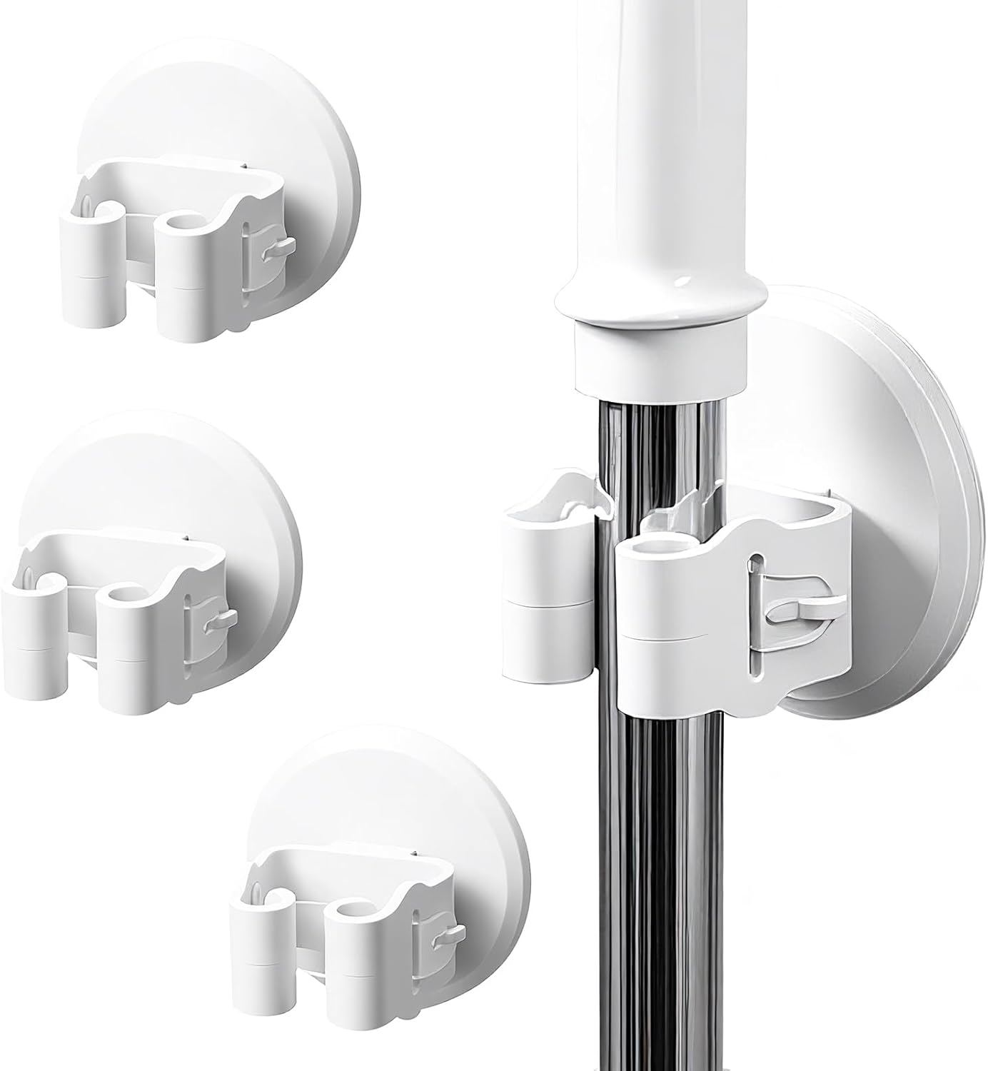 Broom and Mop Holder Wall Mount - 3 Pack Self Adhesive Mop and Broom Organizer - No Drill Heavy Duty Gripper Hooks for Kitchen Bathroom Garage Storage - Space Saving, Waterproof, White
