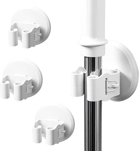 Broom and Mop Holder Wall Mount - 3 Pack Self Adhesive Mop and Broom Organizer - No Drill Heavy Duty Gripper Hooks for Kitchen Bathroom Garage Storage - Space Saving, Waterproof, White