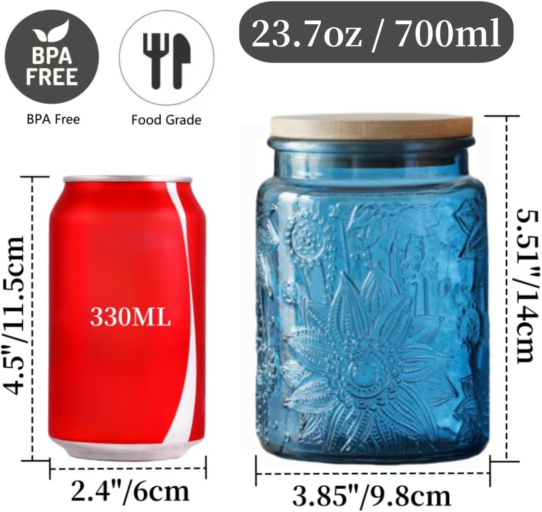 ANSQU Set of 2 Vintage Glass Canister, 23.7oz Candy Jars with Lids, Vintage Colored Mason Jar for Kitchen Decorative Jars for Coffee Tea Cookies, Cute Jar (Blue & Green)
