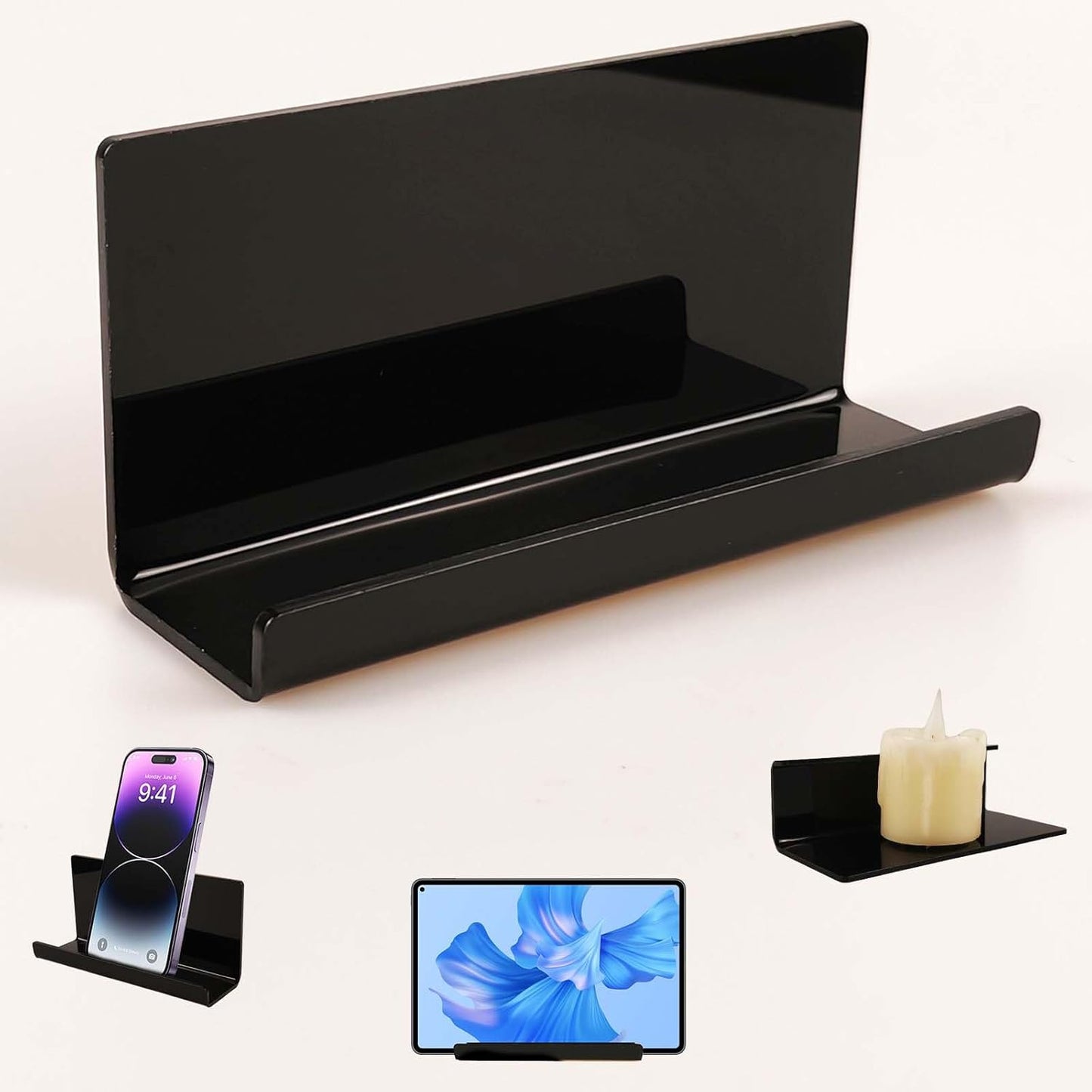 Adhesive Tablet Wall Mounted Phone Holder Acrylic Floating Shelves,eReader Wall Smartphone Holder Stand for Bedroom,Living Room,Dorm,Office Display Shelf (Black)