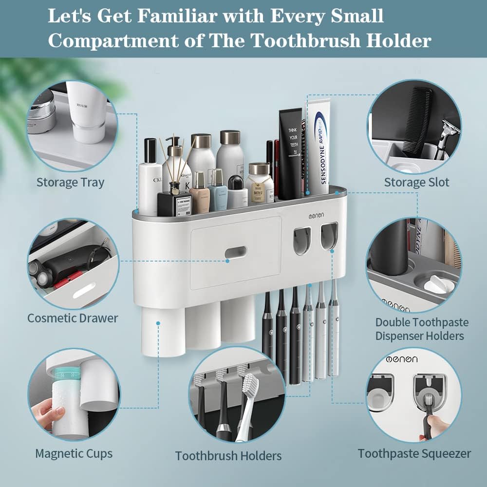 Toothbrush Holders Wall Mounted, Toothbrush Holder with Automatic Toothpaste Dispensers, 6 Brush Slots, 3 Magnetic Cups,1 Cosmetic Drawer Organizer and 1 Large Storage Tray