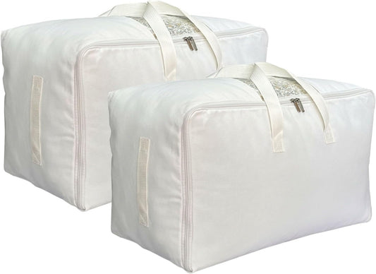 Soft Large Canvas Comforter Storage Bags with Four Carrying Handles and Clear Window, Closet Organizer for Clothing, Blankets Sheets Pillows and Bedding, 80L, 2 Pack, White