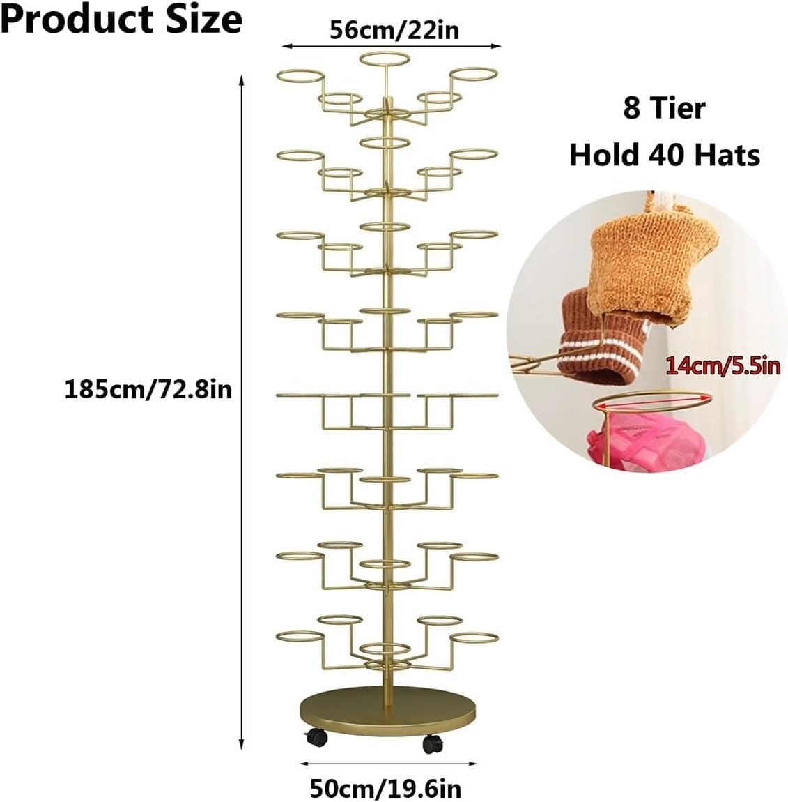 Hat Rack Stand 40-Hooks, Hat Display Stand Metal,Hat Display for Stores， Home or Store of Standing hat Rack(Gold,8th Floor)