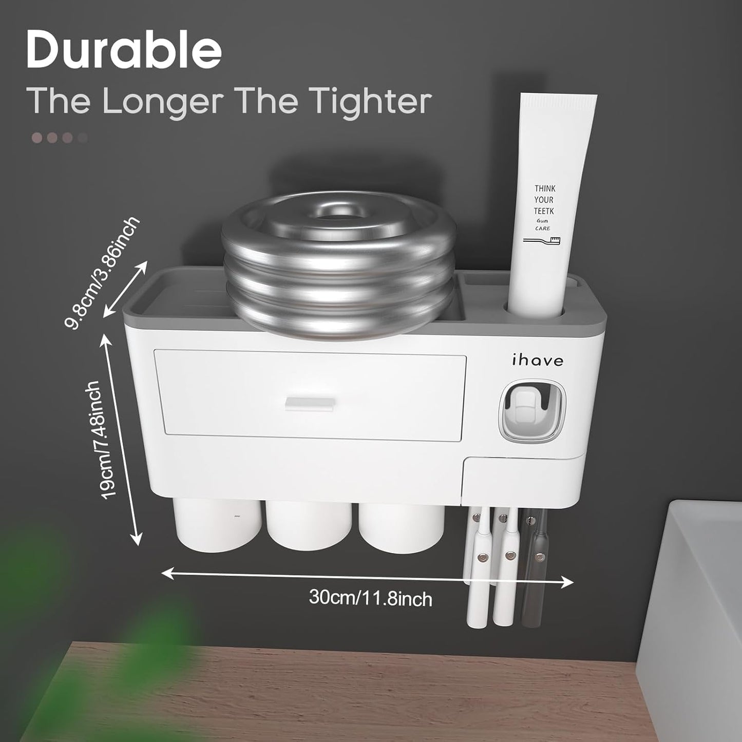 iHave Toothbrush Holders for Bathrooms, 3 Cups Toothbrush Holder Wall Mounted with Toothpaste Dispenser - Large Capacity Tray, Cosmetic Drawer - Bathroom Accessories & Bathroom Organization Storage