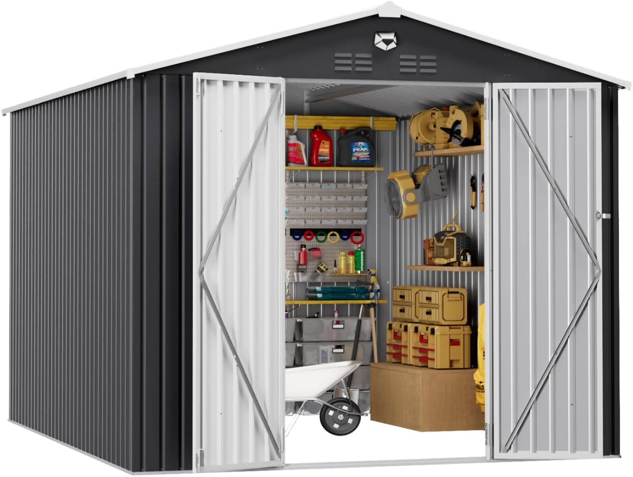 10x12 FT Outdoor Storage Shed, Metal Garden Shed - Tool Storage Sheds with Lockable Doors, Waterproof Outside Storage Building for Backyard, Patio (Black; Floor Not Included)