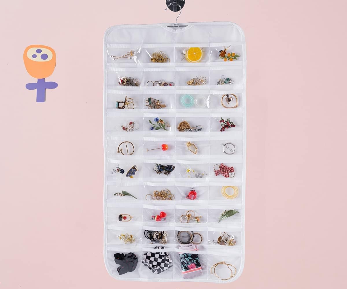 Bloss Hanging Jewelry Organizer With 80 Pockets Double-Side Dating Gifts Jewelry Storage Hanger For Accessories Jewelry Earring Holder Storage for Closet,Wall, Door, Travel-White