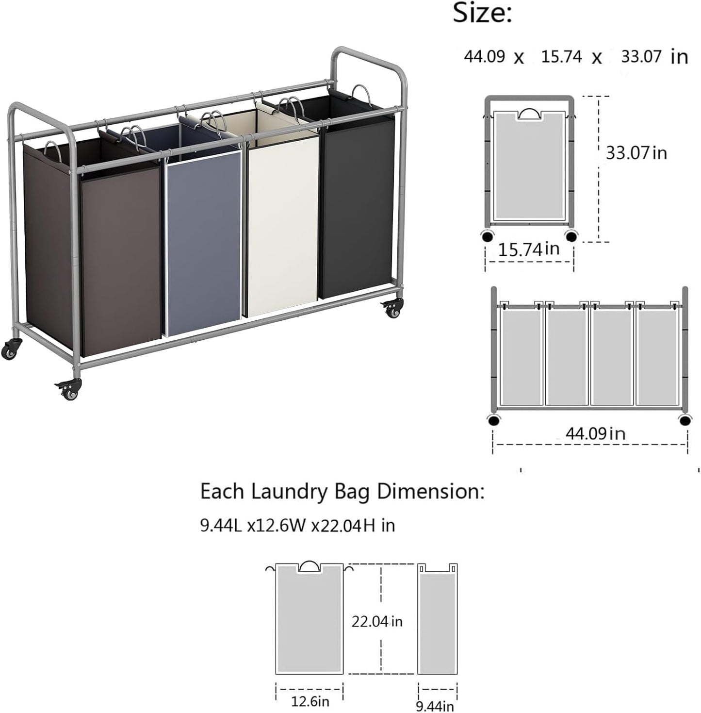 Laundry Sorter 4 Section Hamper Sorter with Heavy Duty Lockable Rolling Wheels Removable Bags Basket Separator for Dirty Clothes Storage, Assorted
