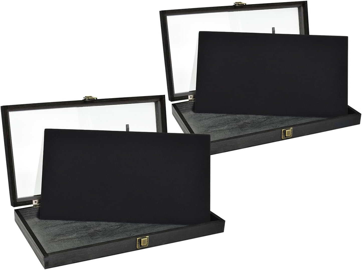MOOCA 2 Pcs Wooden Jewelry Display Case, Pocket Knife Display Case with Tempered Glass Top Lid and Removable Black Luxurious MDF Velvet Jewelry Pad, Black Color