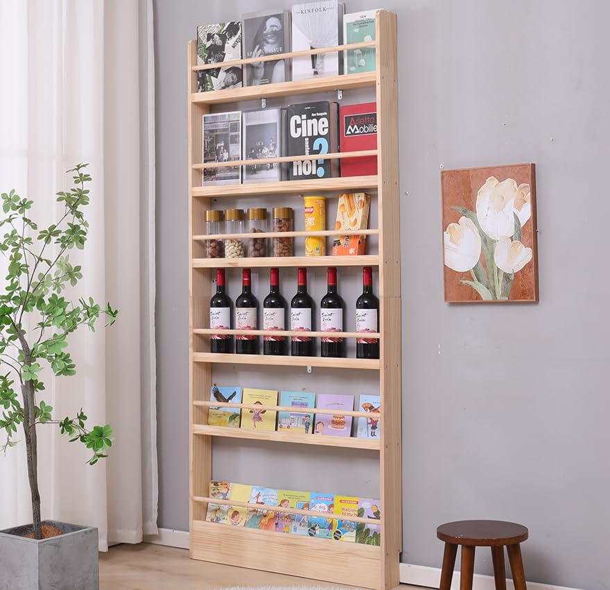 Wooden Kids Bookshelf, Wall Mount 6-Tier Behind The Door Shelf, Organizer for Toys and Books, Space-Saving Wall Mount Narrow Book Shelf