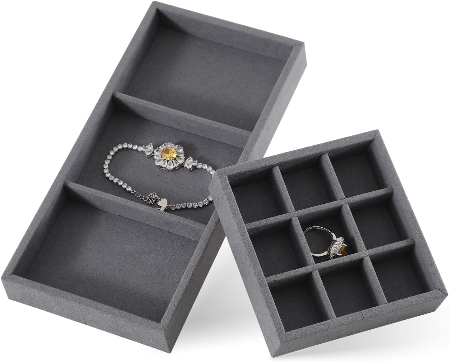 Dark Blue Jewelry Display Tray Ring Necklace Earring Bangle Organizer Multifunctional Storage Case for Jewelry Showcase (Long 3 Grids Tray)