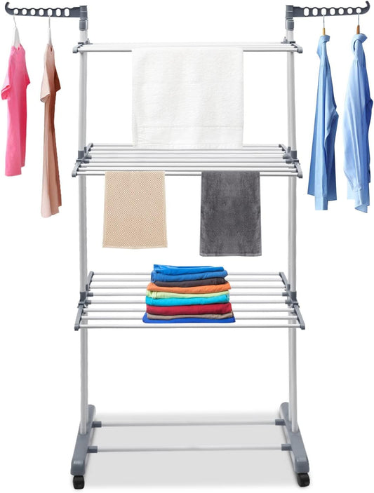 Drying Rack, 29.92*19.69*67.72inch 4 Tier Folding Clothes Drying Rack Rolling Laundry Garment Dryer Stand Multifunctional Stainless Steel Dryings Racks with Wheels for Bedrooms Lofts Balconies Patios
