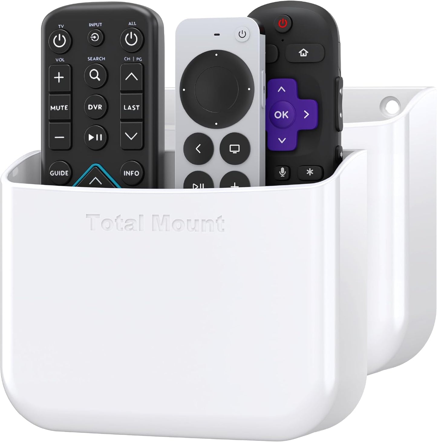 TotalMount Hole-Free Remote Holders – Eliminate Need to Drill Holes in Your Wall (for 2 or 3 Remote Controls – White – Quantity 2)