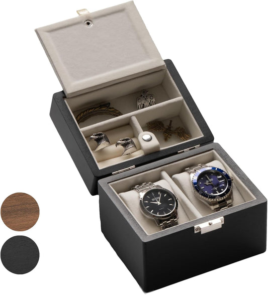 Watch Box, Watch Travel Case for Men, Wood Watch and Jewelry Holder Organizer for Woman, Portable Protection 2-Slot Watch Display Storage Case, Obsidian Black