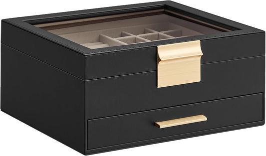 SONGMICS Jewelry Box Organizer with Glass Lid, 2-Layer Jewelry Storage, with 1 Drawer, Modern Style,Christmas Gift, 8 x 9.1 x 4.1 Inches, Graphite Black and Gold Color UJBC174B01