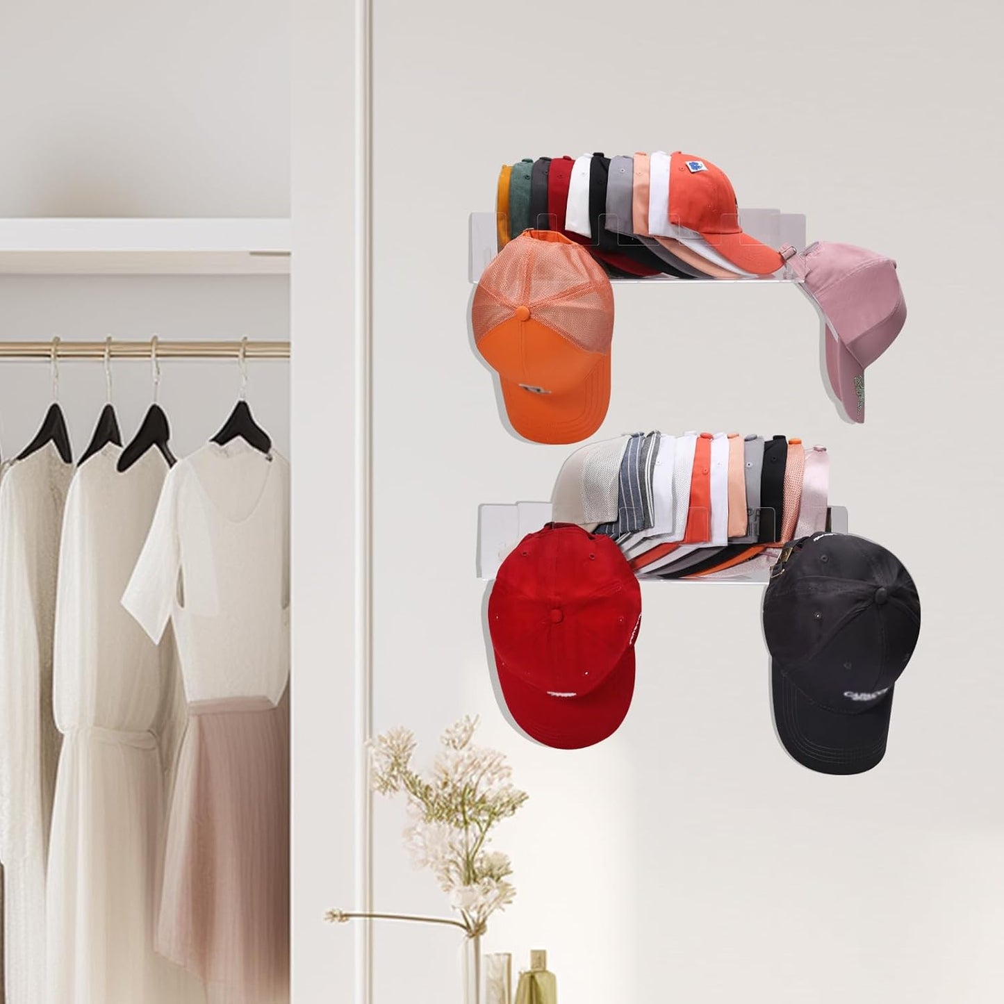 Acrylic Hat Racks for Baseball Caps Wall, 2 Pack Hat Organizer for 50 Baseball Caps Holders, Sturdy Clear Wall Mounted Storage Organizer