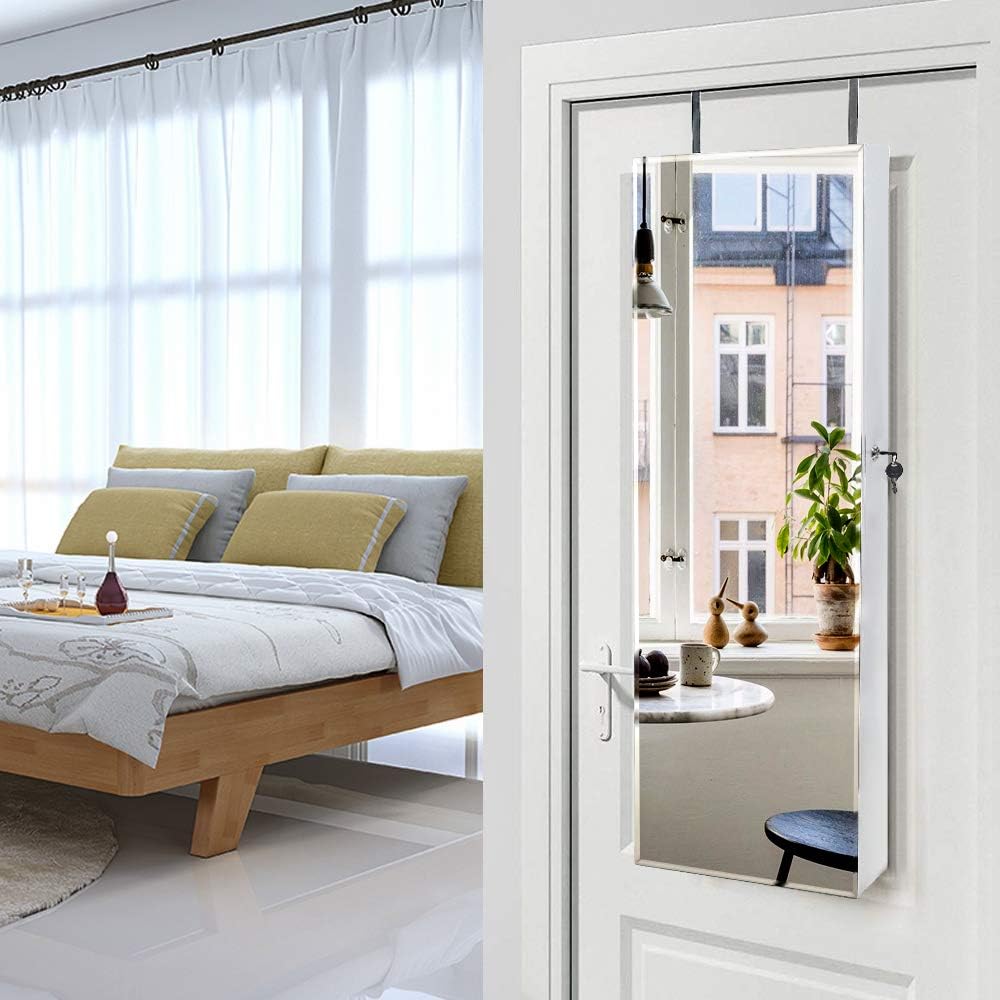 8 LEDs Mirror Jewelry Armoire, Wall Mounted Jewelry Cabinet with Mult Back Shelves & Interior Mirror & Lockable & Drawers, Jewelry Organizer with Storage for Women Gift, White