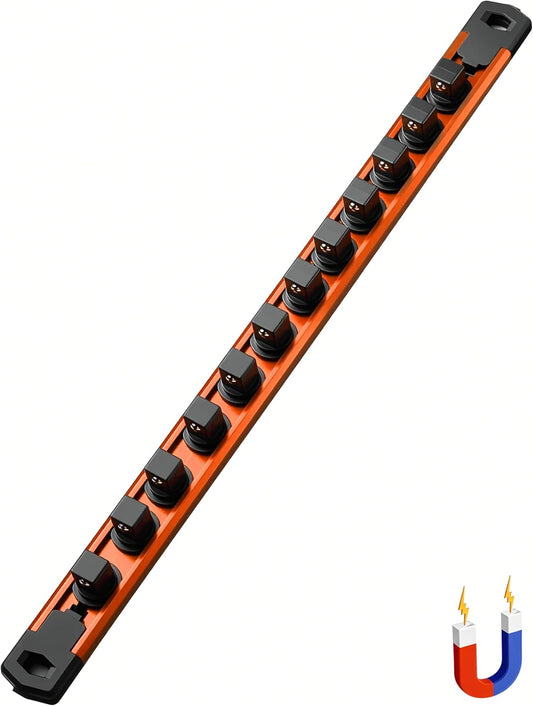ALOANES 1/2-Inch Drive Magnetic Socket Organizer, Heavy Duty Aluminum Socket Rail Organizer, 360° Swivel Clips Socket Holder Kit for Tool Box, 1/2-Inch Socket Holder x 12 Clips (Orange)