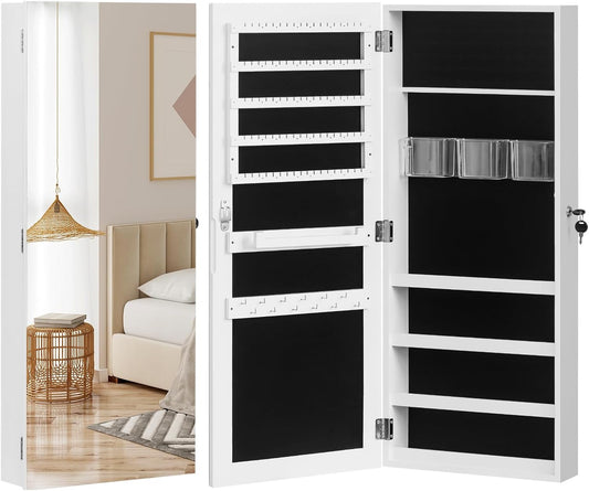 Jewelry Armoire Cabinet with Full Length Mirror,Mirror with Jewelry Storage Wall/Door Mounted, Lockable Jewelry Armoire Organizer,White