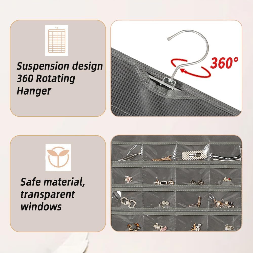 Hanging Jewelry Organizer Storage Earring Jewelry Storage Bag With 48 Pockets Necklace Bracelet Ring Glasses Accessory Display Rack (B80-Black)