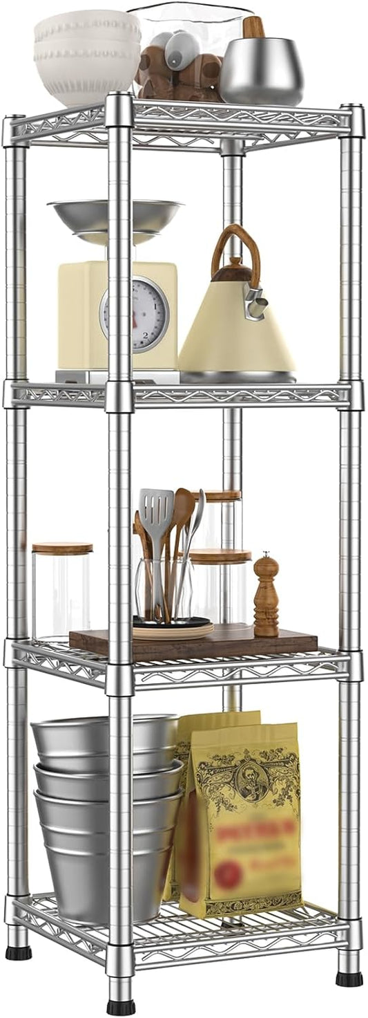 Metal Wire Shelving Unit Storage Shelves 4 Tier Adjustable Shelf Sturdy Steel Rack Standing Units Organizers organize for Laundry Bathroom Kitchen Closet Basement Garage Pantry Narrow Mesh Utility