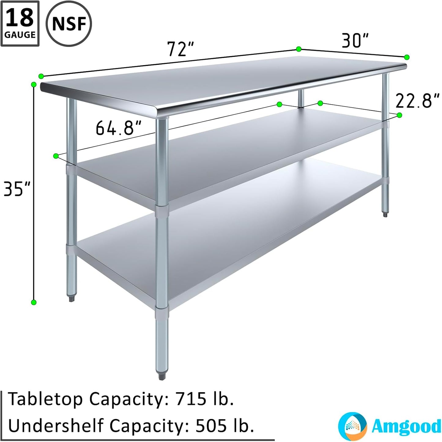 AmGood Stainless Steel Work Table with 2 Shelves | NSF | Metal Utility Table (72" Long x 30" Deep)