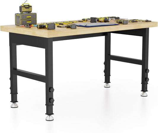 48' Adjustable Workbench, Solid Wood Work Bench Table , Rolling Workbench Large Load Capacity Garage Workbench for Workshop,Office,Home