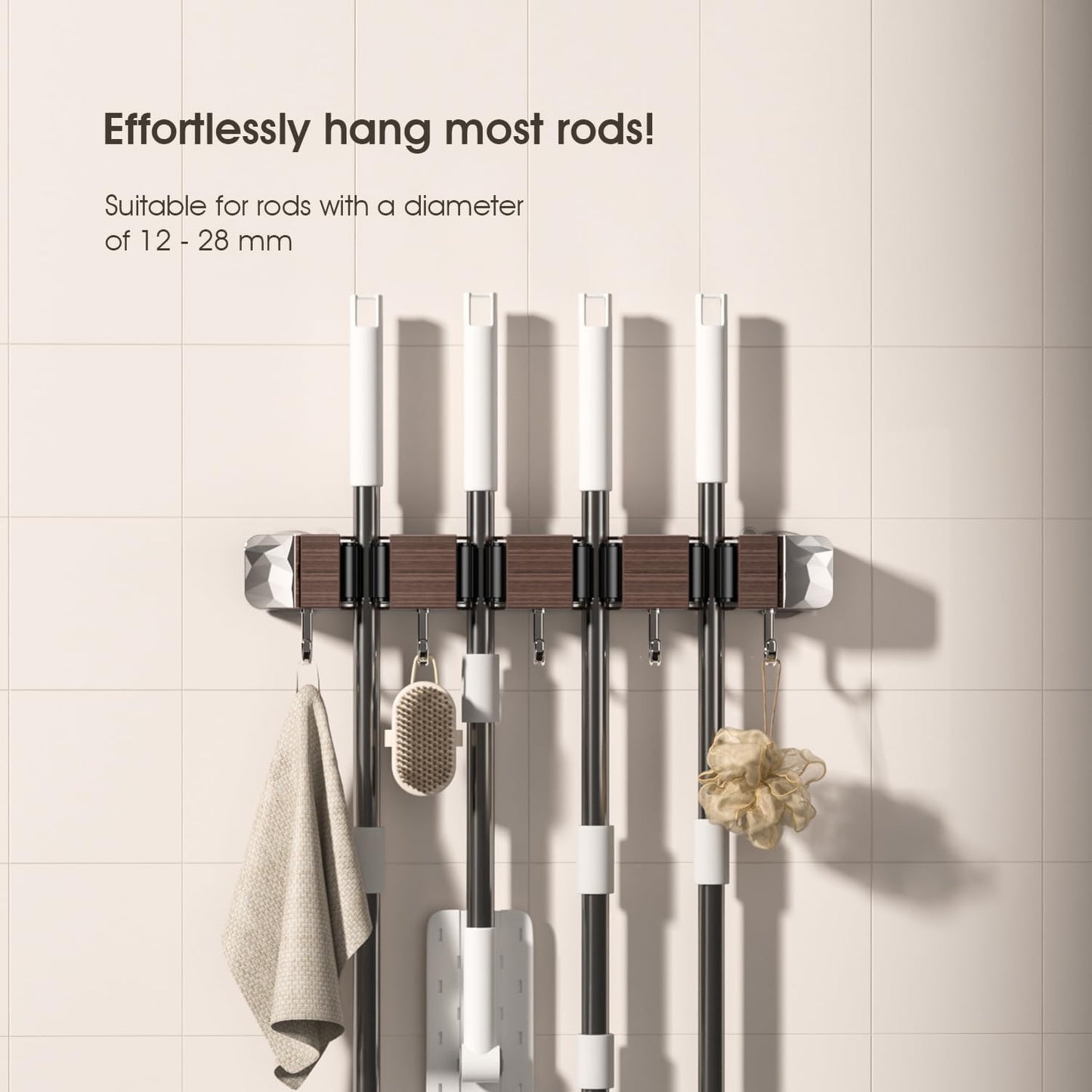 Suction Cup No Drilling Broom Holder Wall Mount, Walnut Color Mop Organizer Wall Hanging, 4 Racks 5 Hooks Tool Organizer Hanger Self Adhesive for Home, Garage, Garden, Laundry, Kitchen